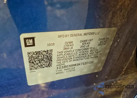 2019 Chevrolet Cruze Lt из США, поврежденный, VIN 1G1BE5SM1K7122151